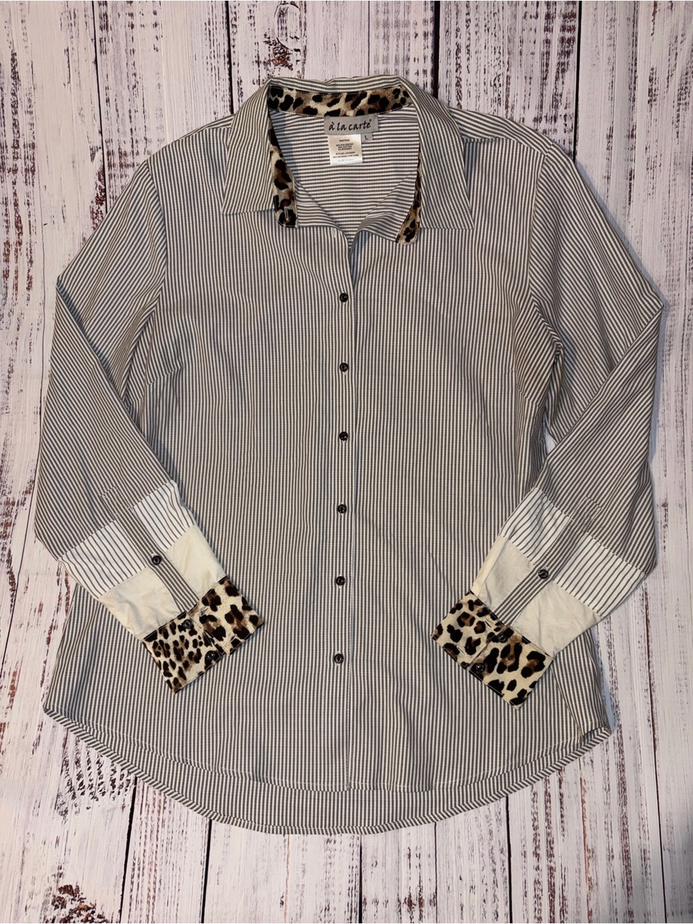 A La Carte Women's Dark & White Pinstripe Button-Down Shirt with Leopard Trim